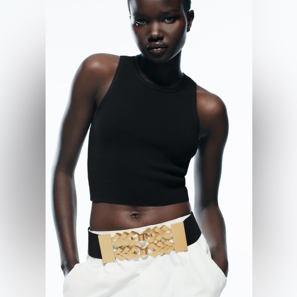 🌹NWT. Zara Black/Golden Elastic Belt with Braided Metal Appliqué. Size 30 - Picture 3 of 9
